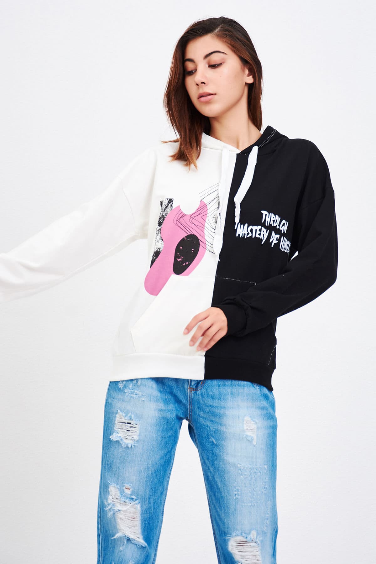 Çift Renk Baskılı Sweatshirt Siyah