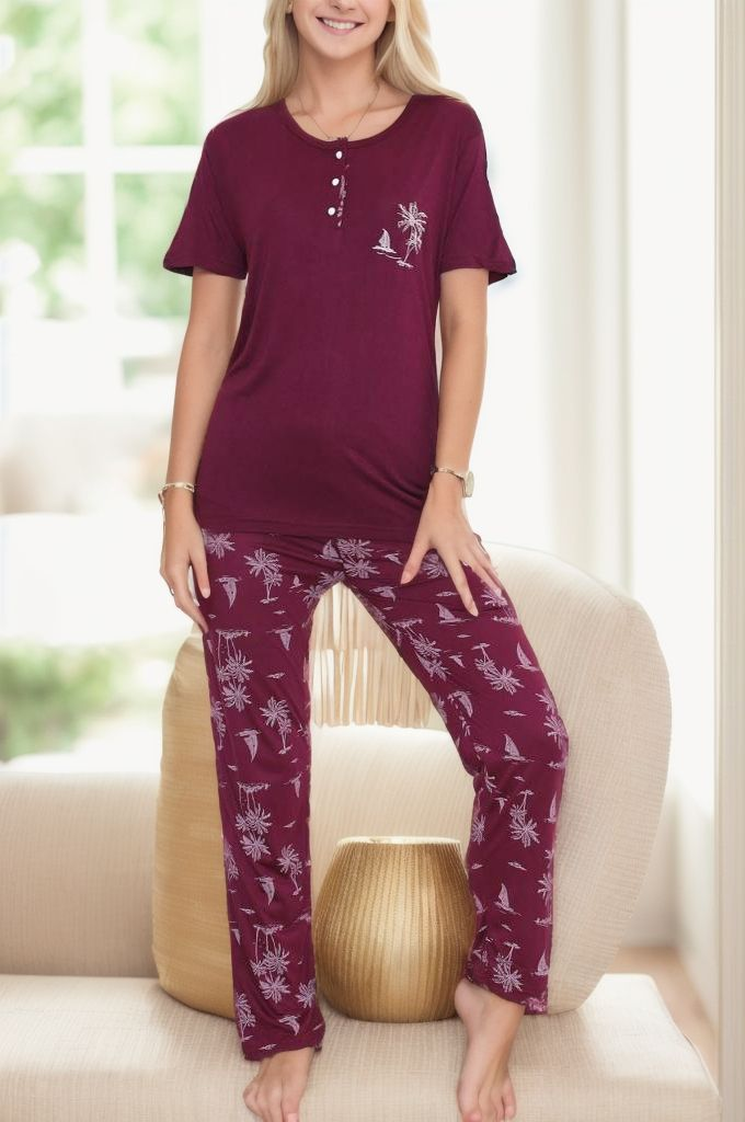 Desenli Pijama Takımı Mor