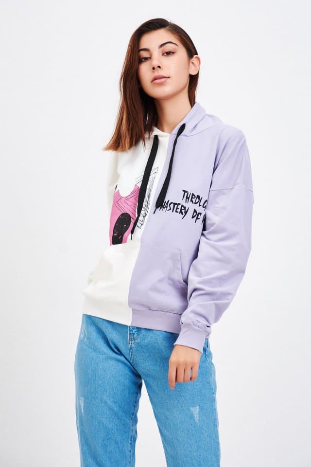 Çift Renk Baskılı Sweatshirt Lila