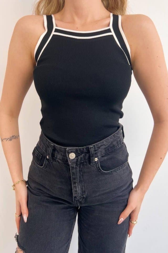 Çift Renk Halter Yaka Triko Bluz Siyah