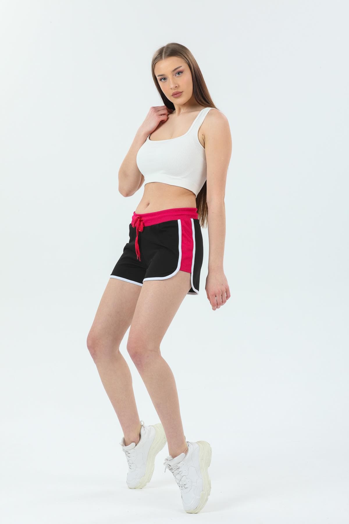 Biyeli Bağcıklı Mini Spor Şort Fuşya