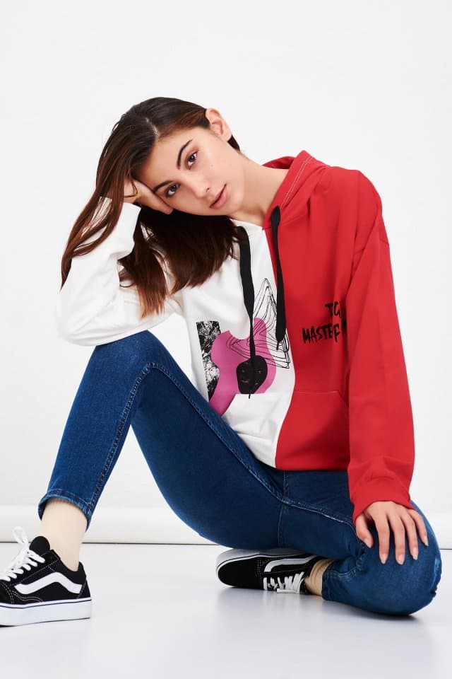 Çift Renk Baskılı Sweatshirt Kırmızı