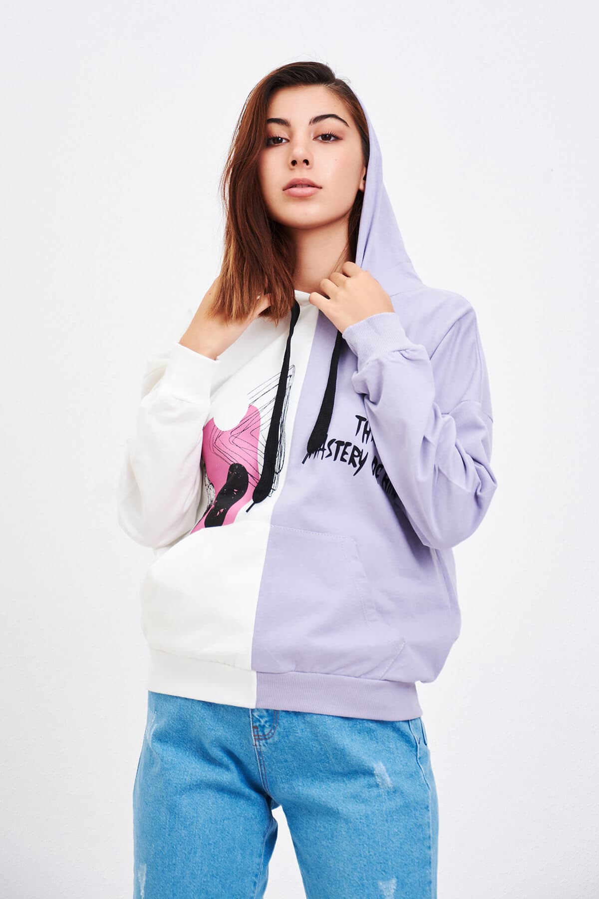 Çift Renk Baskılı Sweatshirt Lila