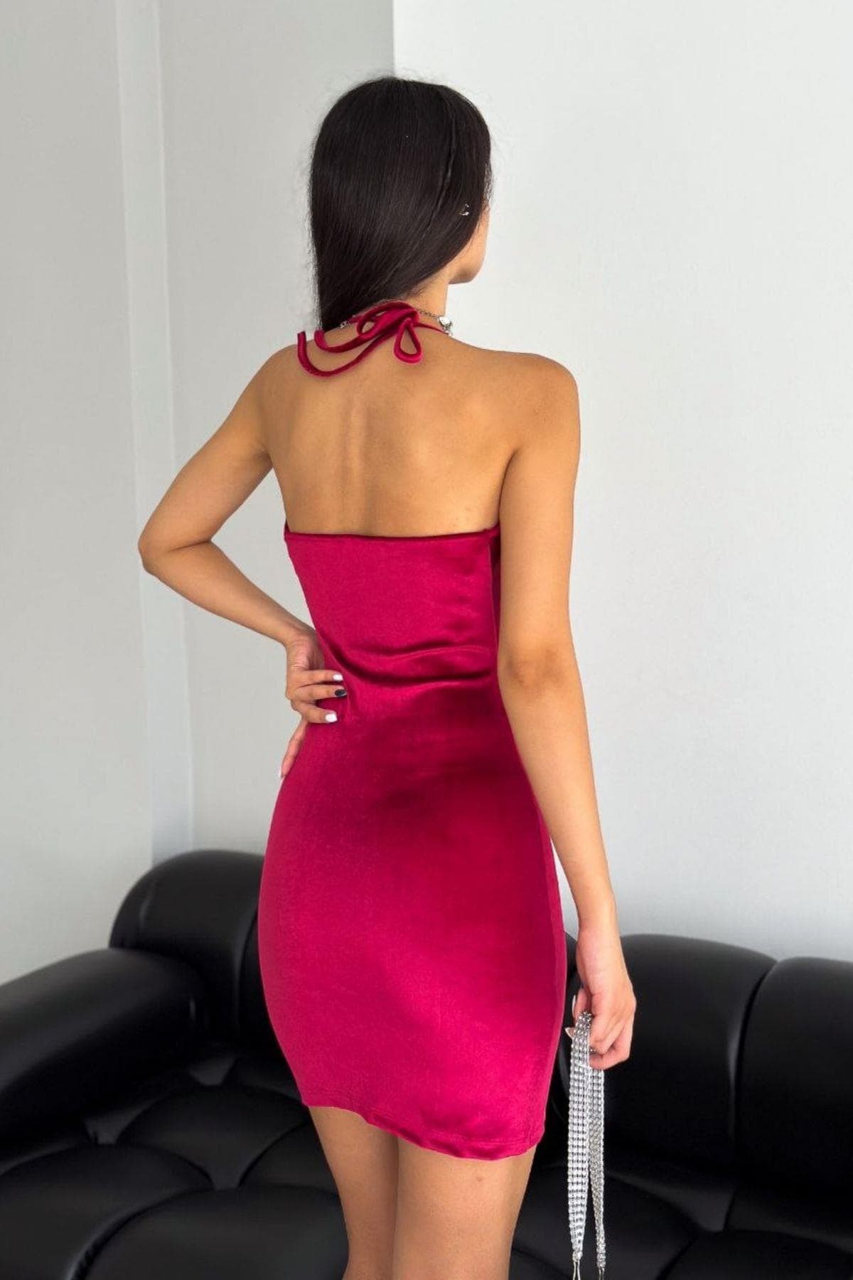 Boyundan Bağlamalı Kadife Fashion Elbise Bordo