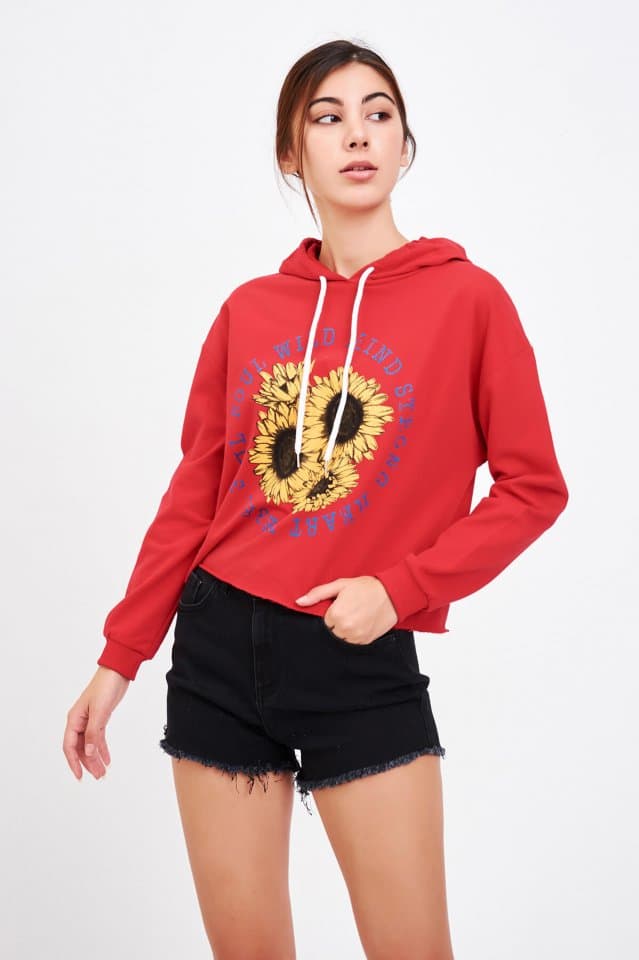 Baskılı Kısa Sweatshirt Kırmızı