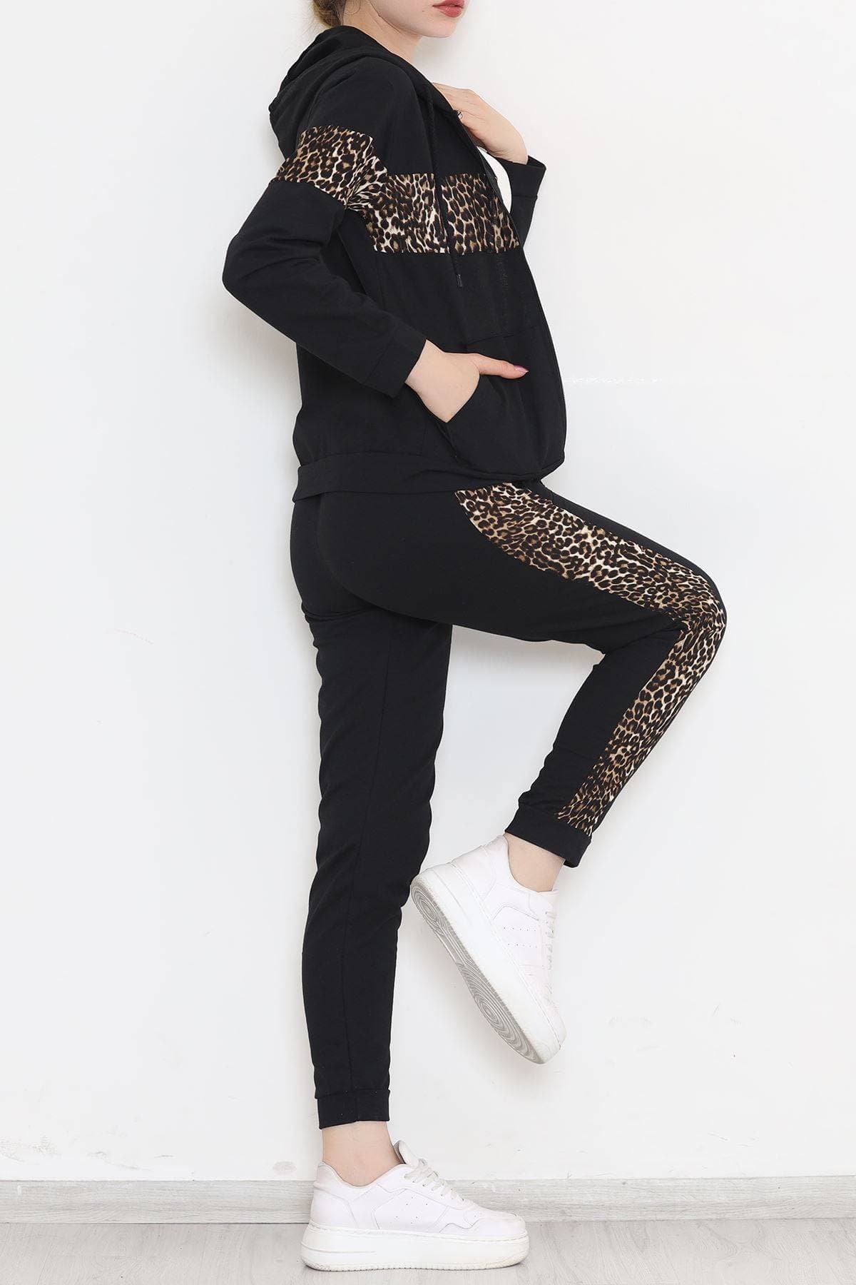 Leopar Şeritli Eşofman Takımı Siyah