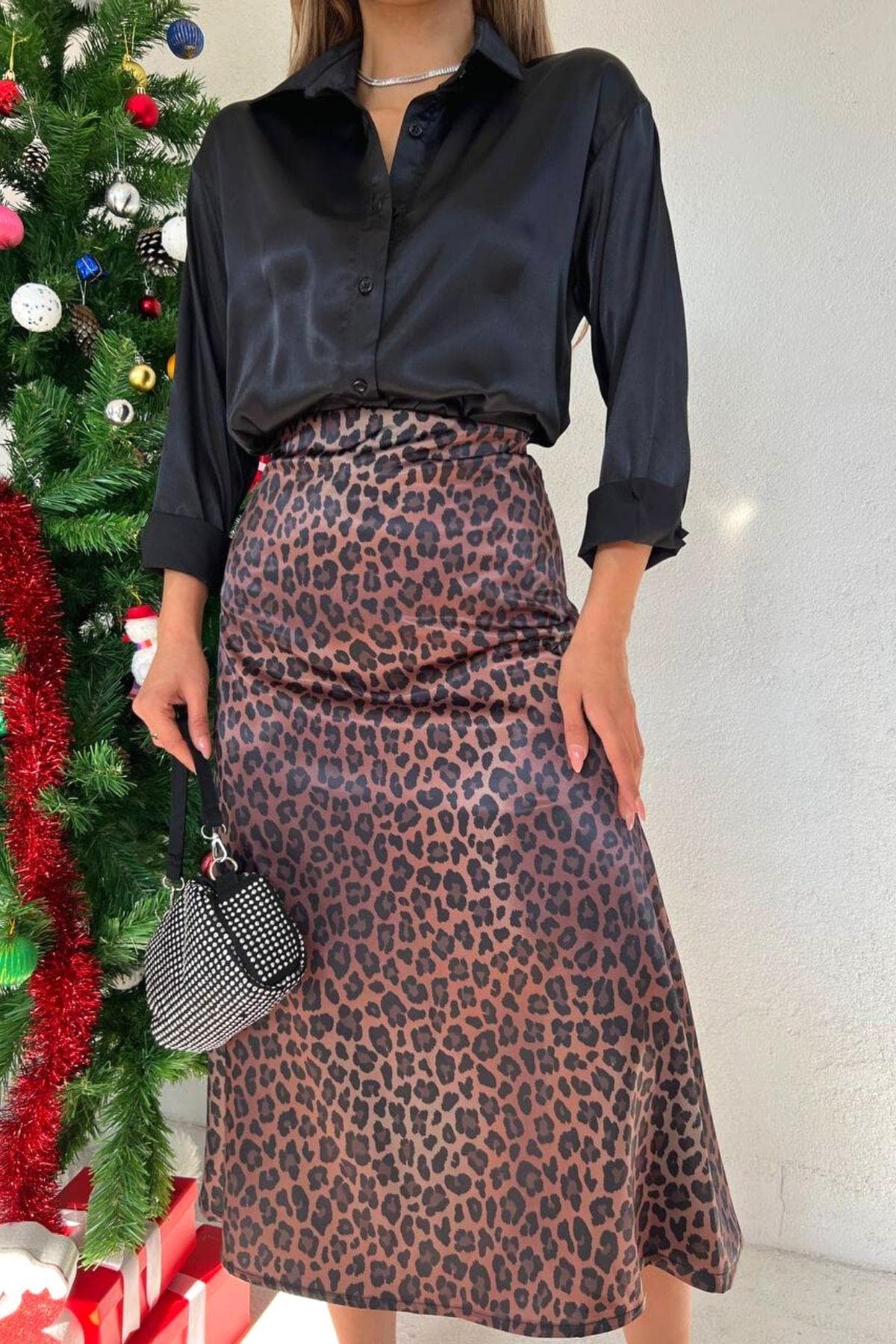 Leopar Desenli Saten Etek Kahve