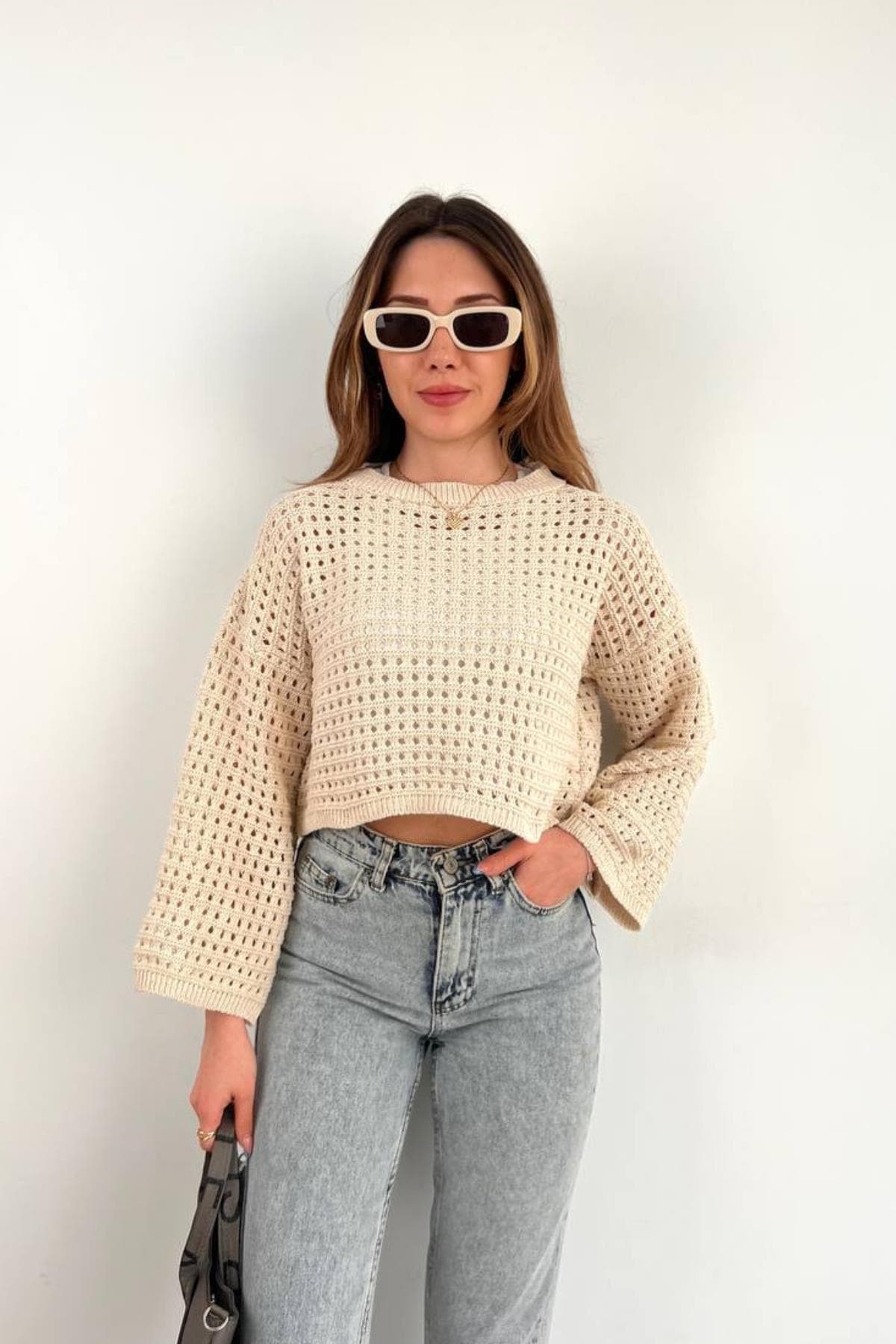 Fitilli Uzun Kollu Crop Bej