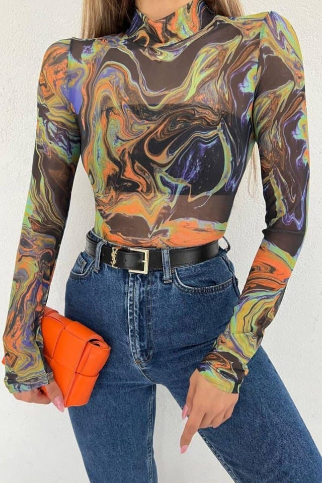 Paint Desenli Uzun Kollu Transparan Body Renkli