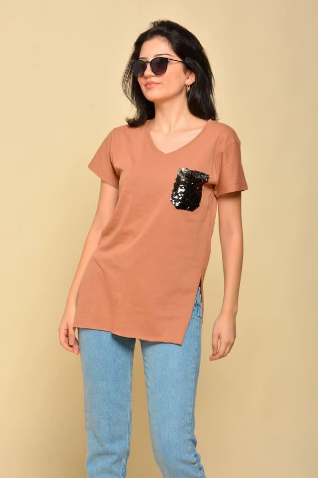 Pul Cepli V Yaka Vizon T-Shirt