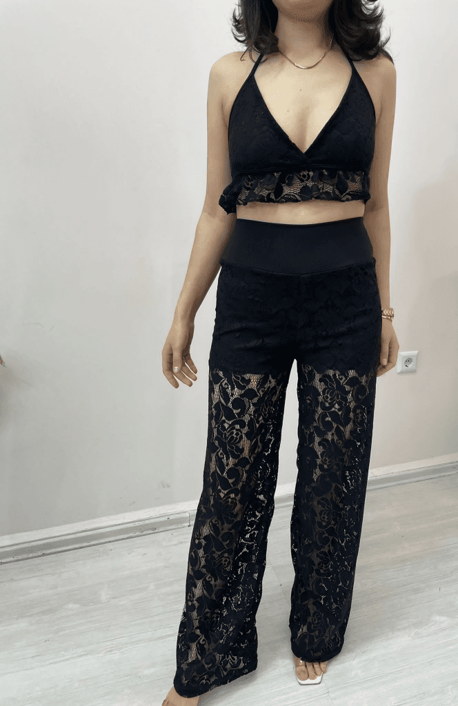 Kadın Crop Ve Pantolon Dantel Kumaş Maxi Boy Ikili Takım