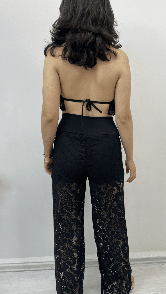 Kadın Crop Ve Pantolon Dantel Kumaş Maxi Boy Ikili Takım