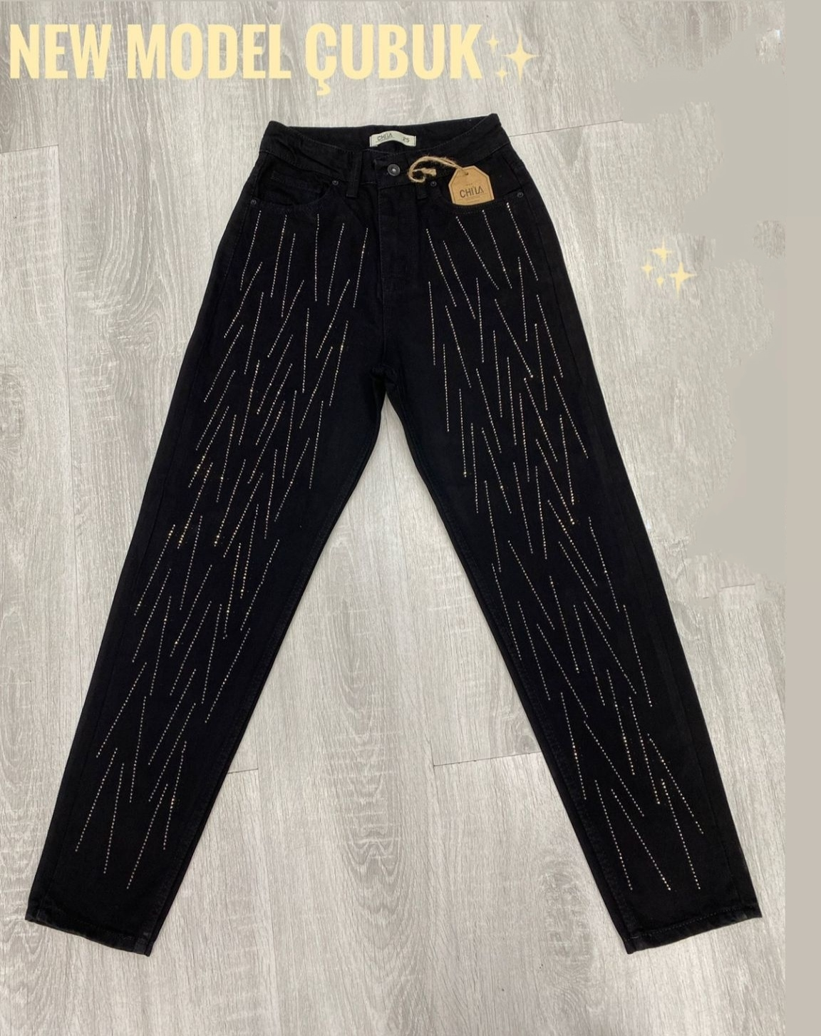 Kadın Yüksek Bel Taş çubuk Taş Işlemeli Mom Jeans Kot Pantolon