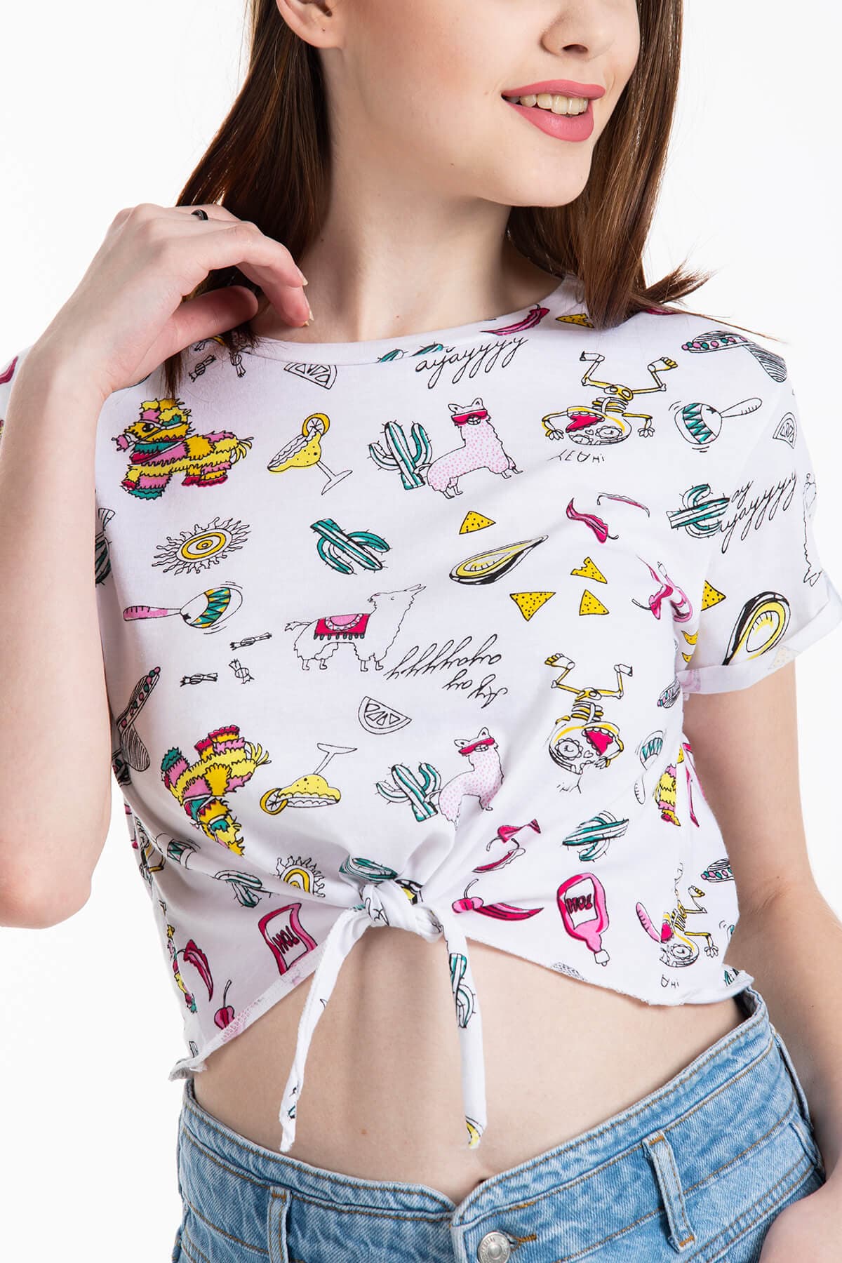 Desenli Bağlamalı T-Shirt Beyaz