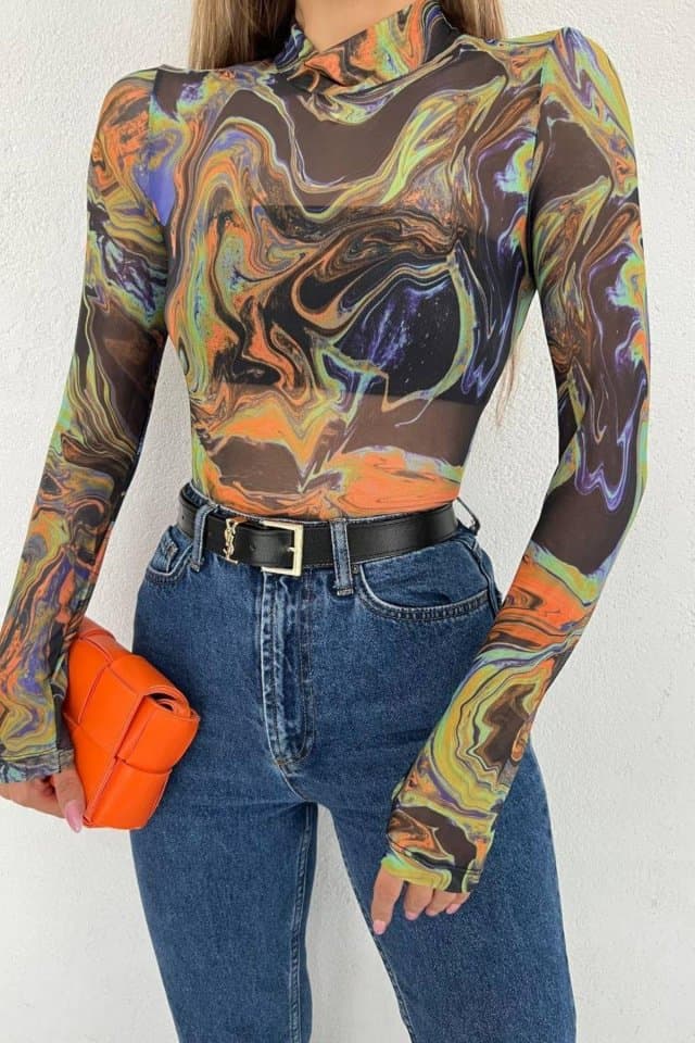 Paint Desenli Uzun Kollu Transparan Body Renkli