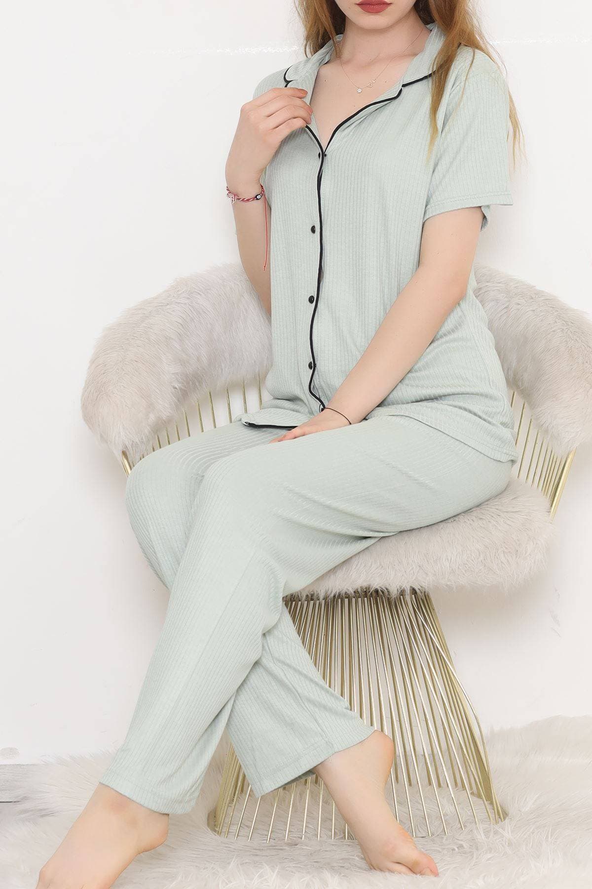 Fitilli Düğmeli Pijama Takımı Koyumint