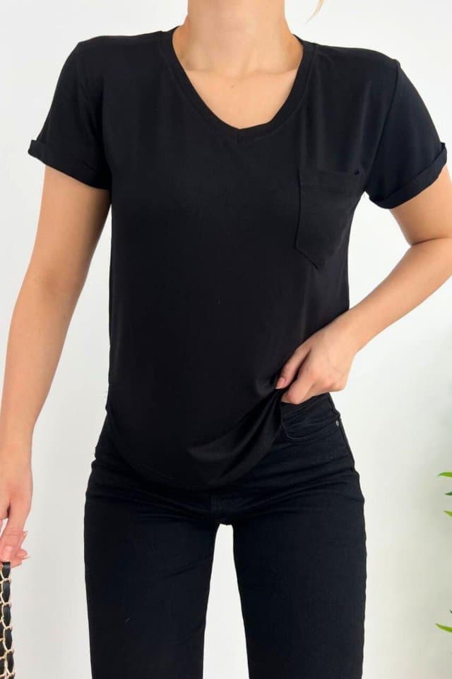 Luna Cepli V Yaka Basic T-Shirt Siyah