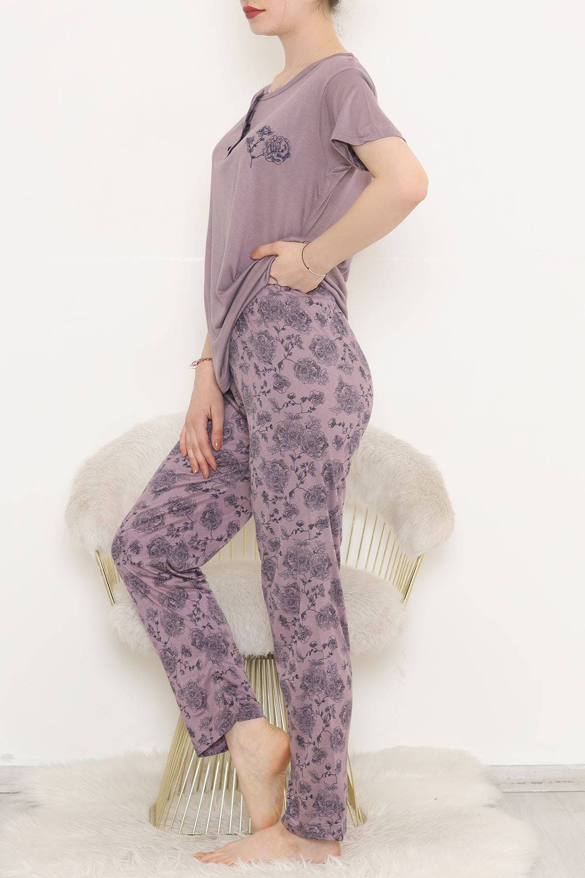 Desenli Pijama Takımı Eflatun