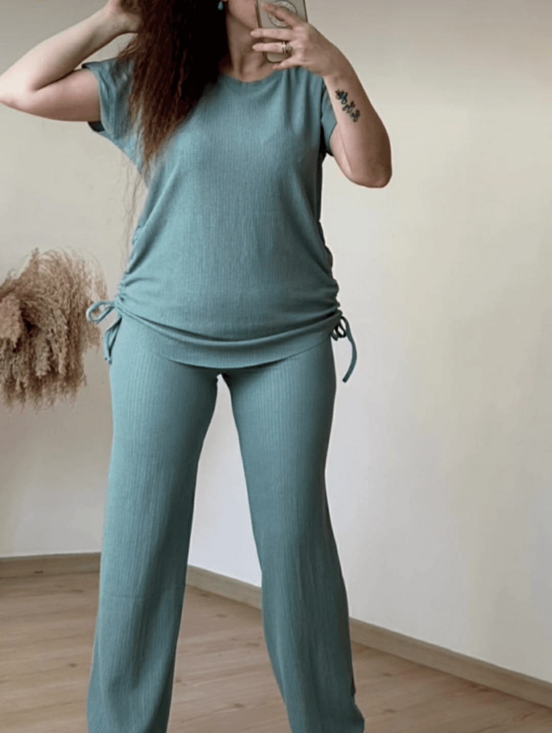 Kadın Bürümcük Kumaş Bağcık Detay Pantolon Bluz Ikili Takım