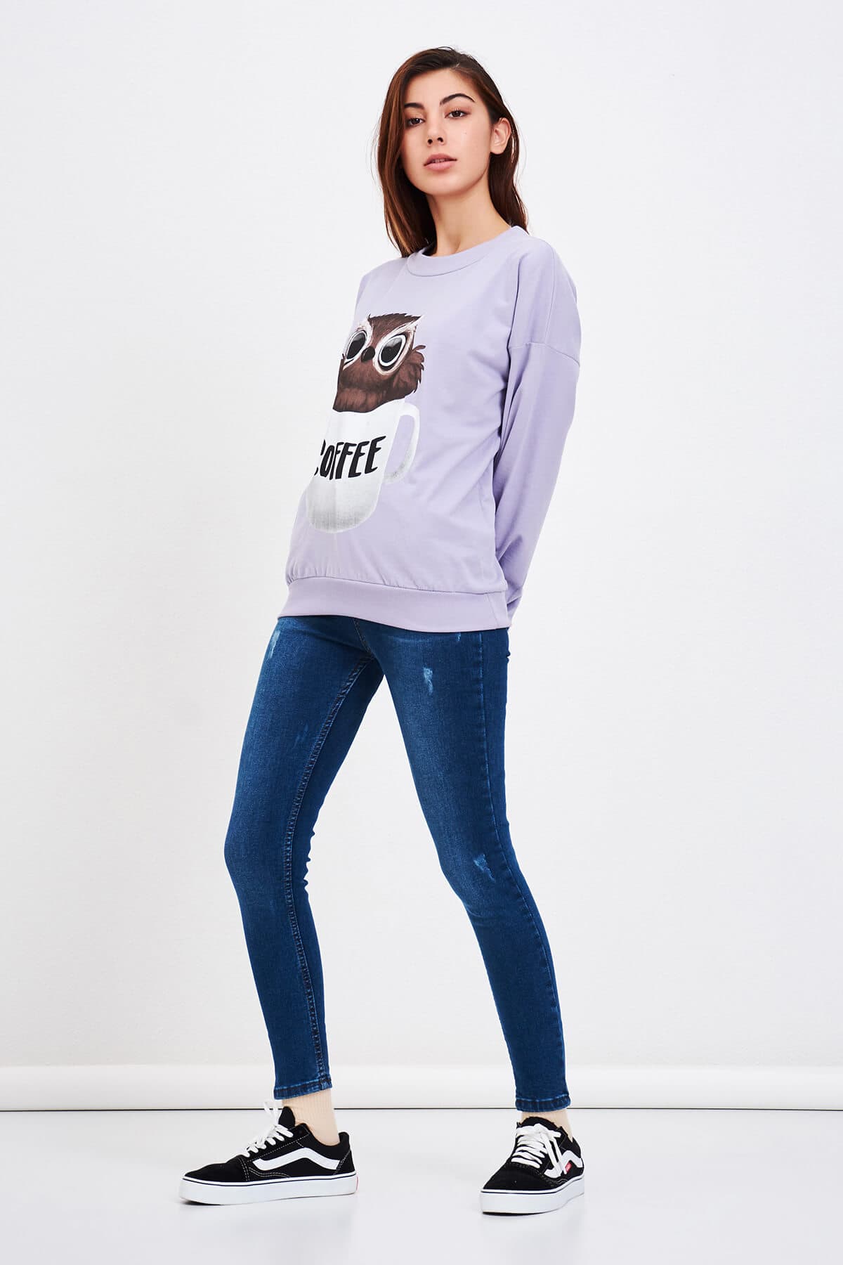 Baykuş Baskılı Sweat Lila