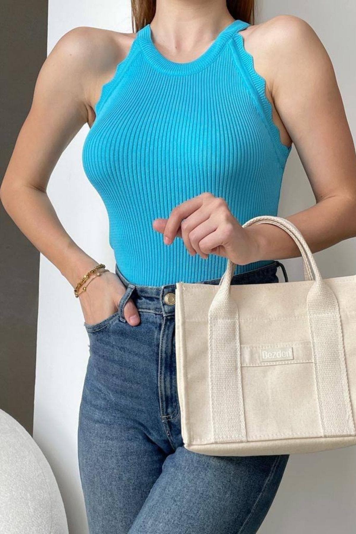 Halter Yaka Zikzak Detaylı Triko Bluz Turkuaz