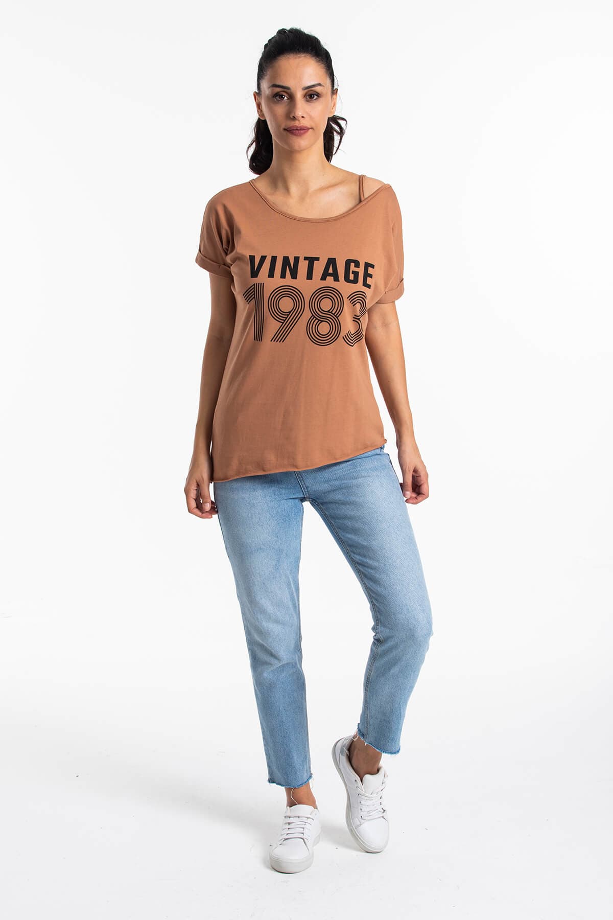 Düşük Omuz Vintage T-Shirt Taba