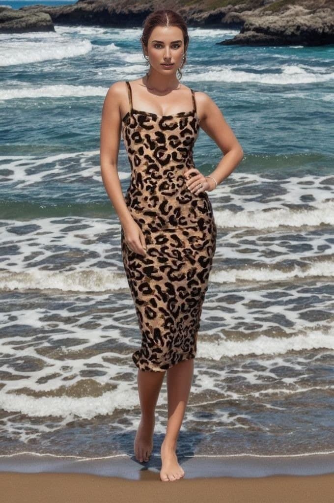 Leopar Desen Krep Kumaş Elbise