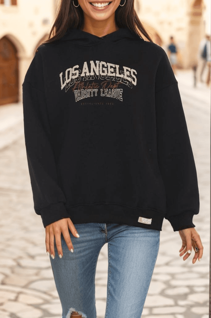 Baskılı Kapşonlu Sweat Siyah