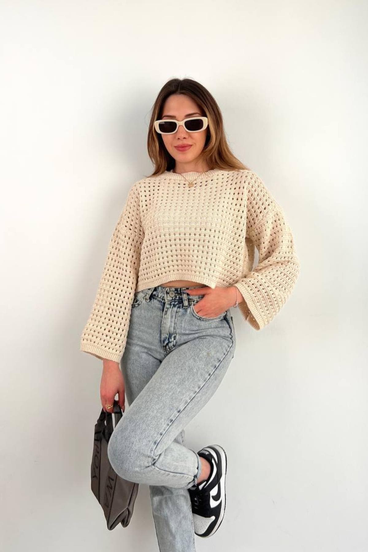 Fitilli Uzun Kollu Crop Bej