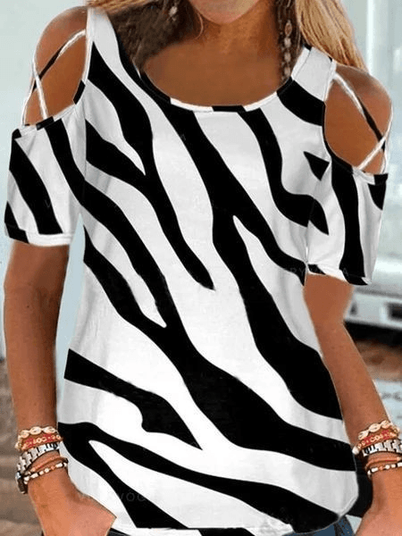 Kadın Omuz çapraz şerit Detay Zebra Desen Krep Bluz