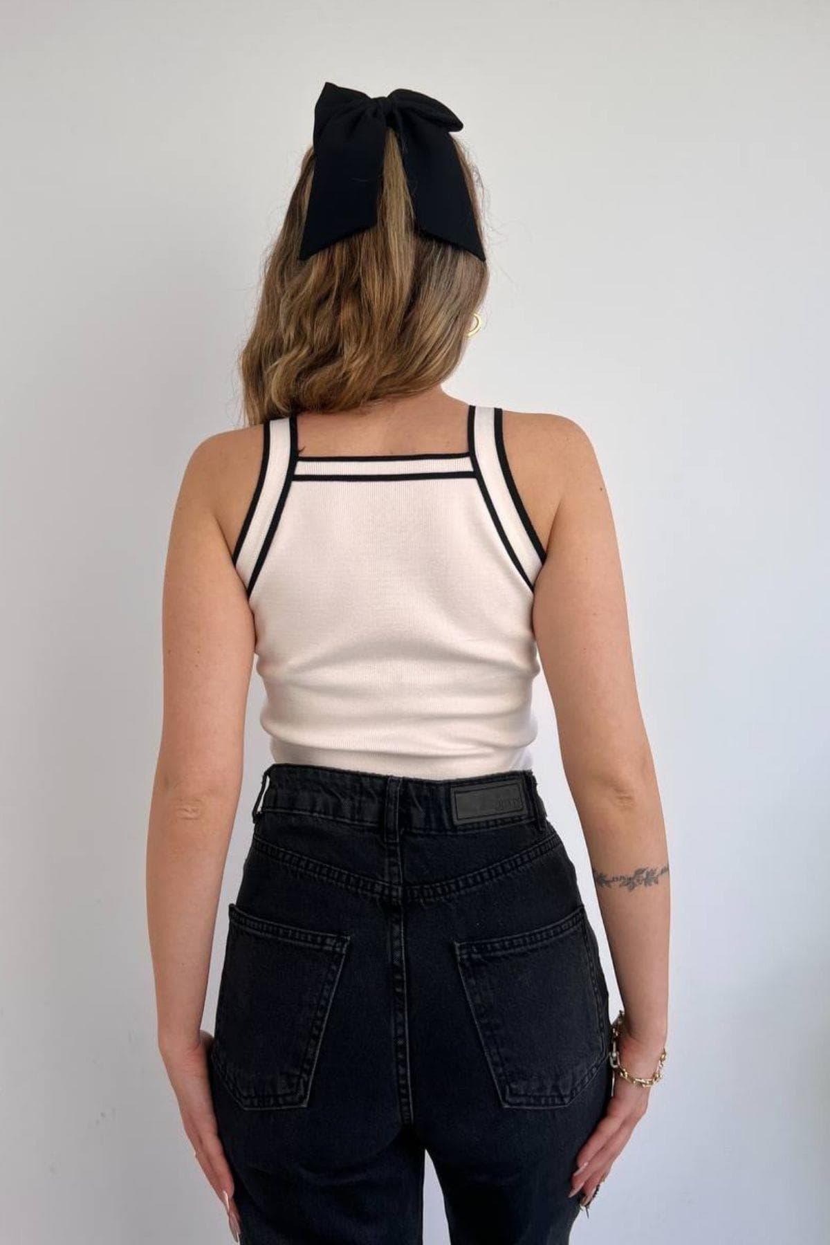 Çift Renk Halter Yaka Triko Bluz Beyaz