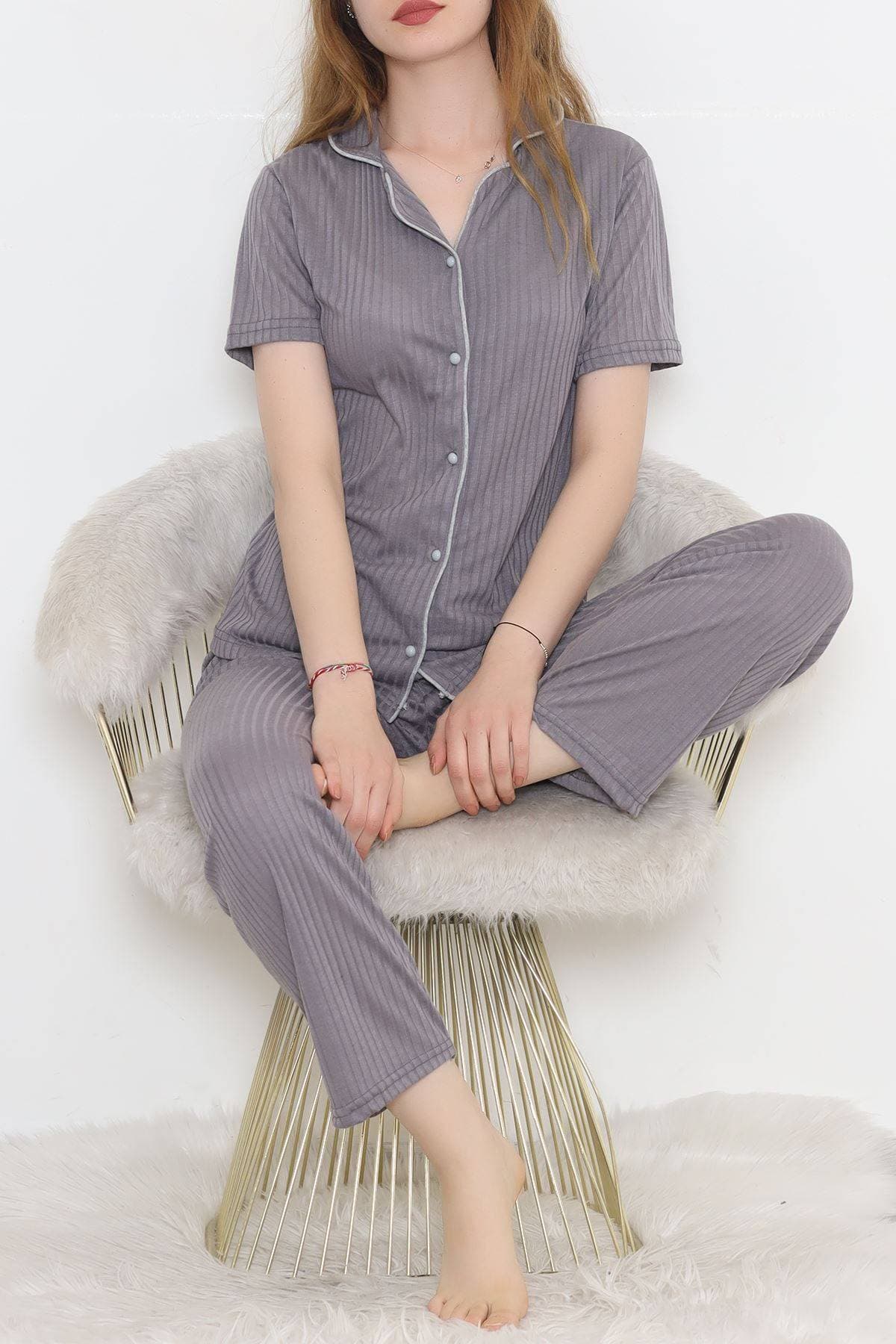 Fitilli Düğmeli Pijama Takımı Koyugri
