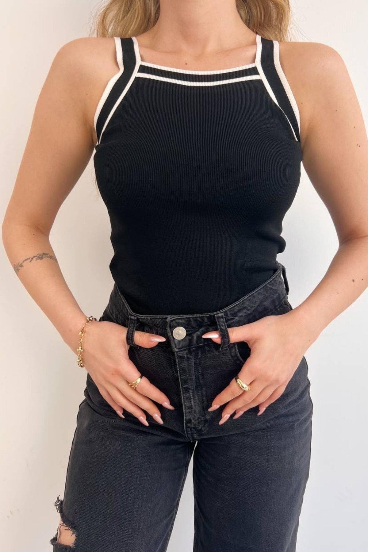 Çift Renk Halter Yaka Triko Bluz Siyah