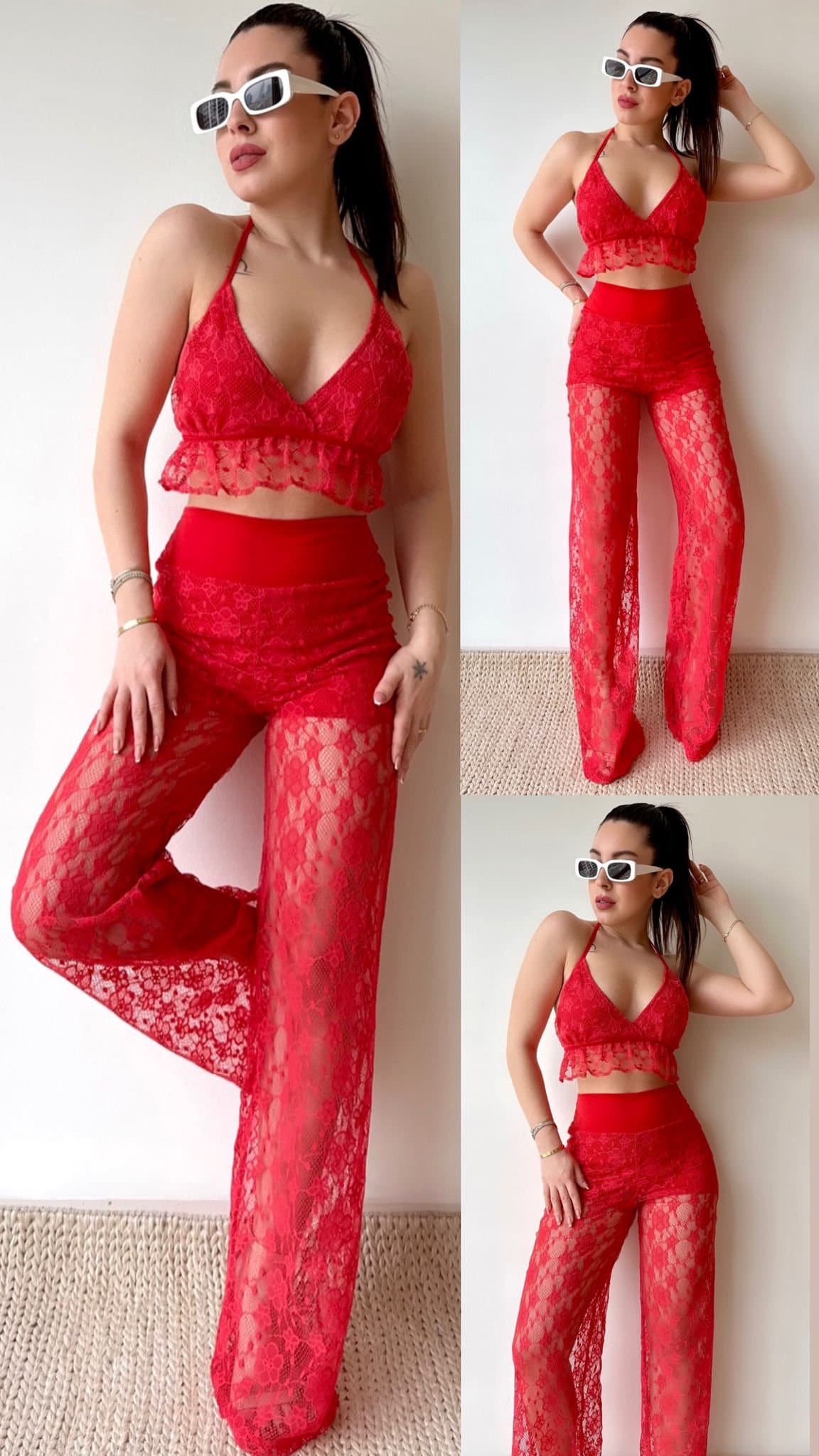 Kadın Crop Ve Pantolon Dantel Kumaş Maxi Boy Ikili Takım
