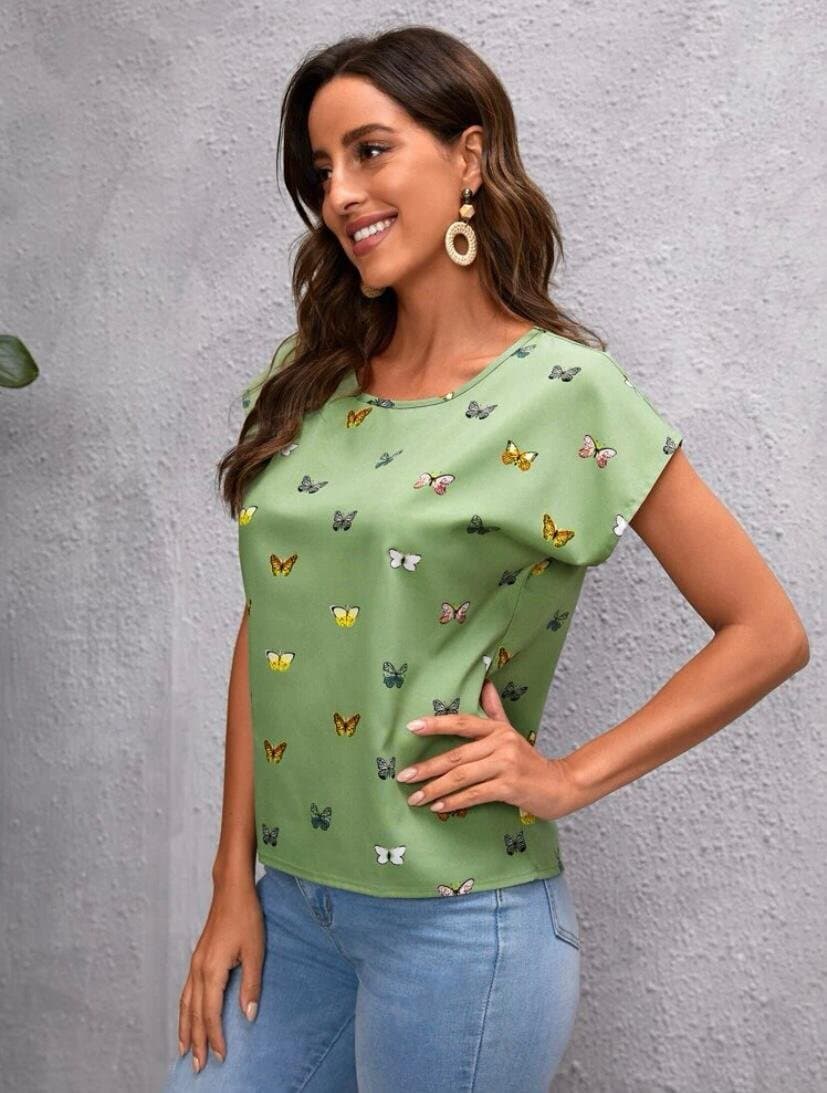Kadın Kelebek Desenli Moskrep Kumaş T-Shirt