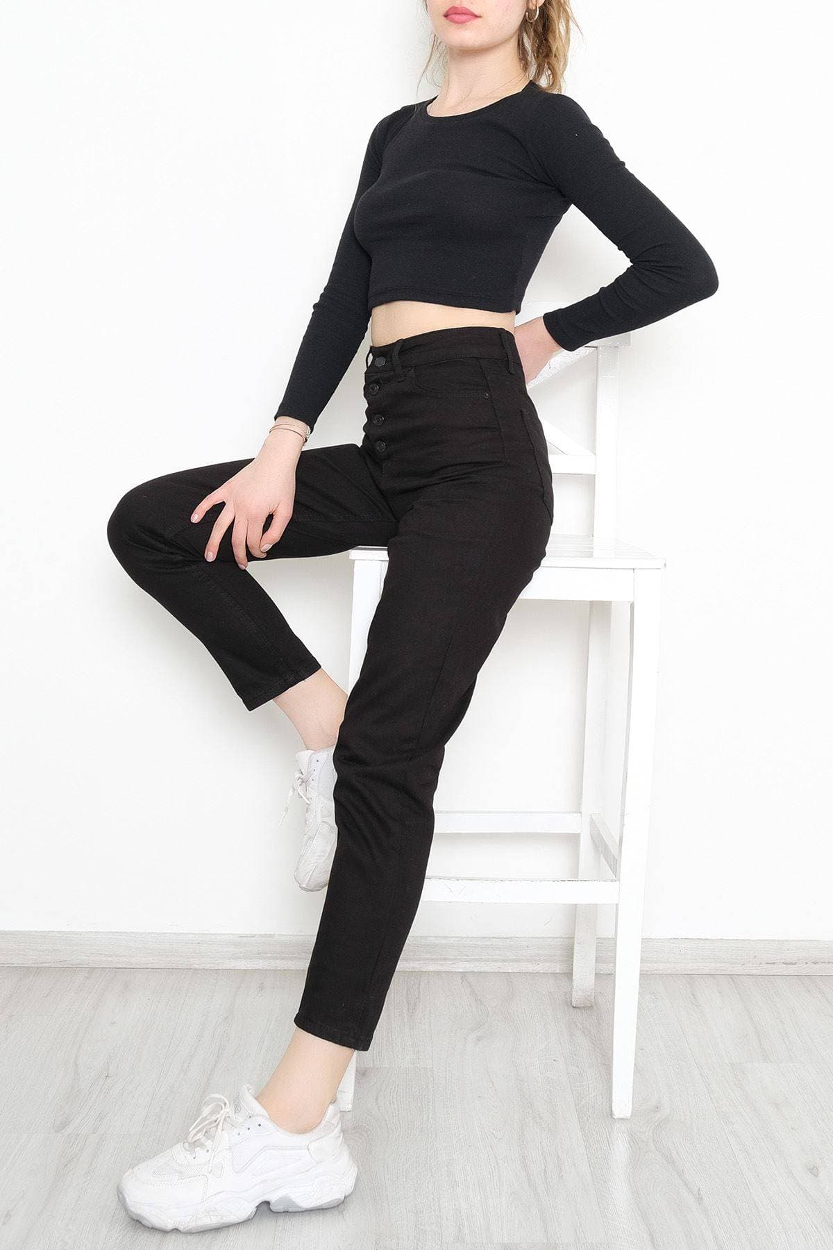 Düğmeli Kot Pantolon Siyah