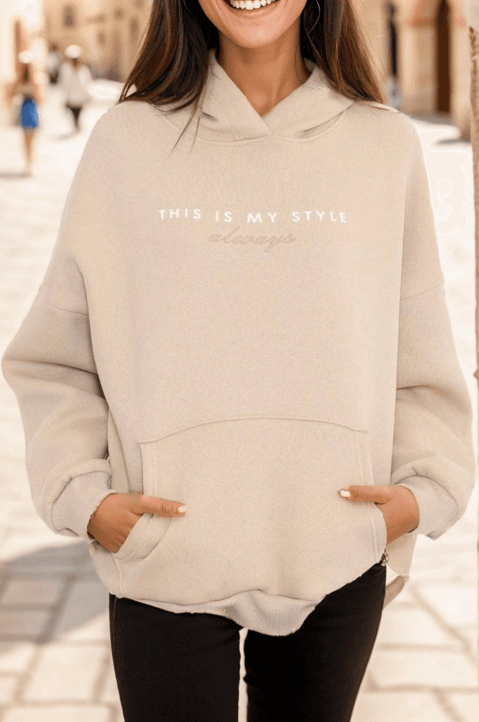 Baskılı Kapşonlu Sweat Bej