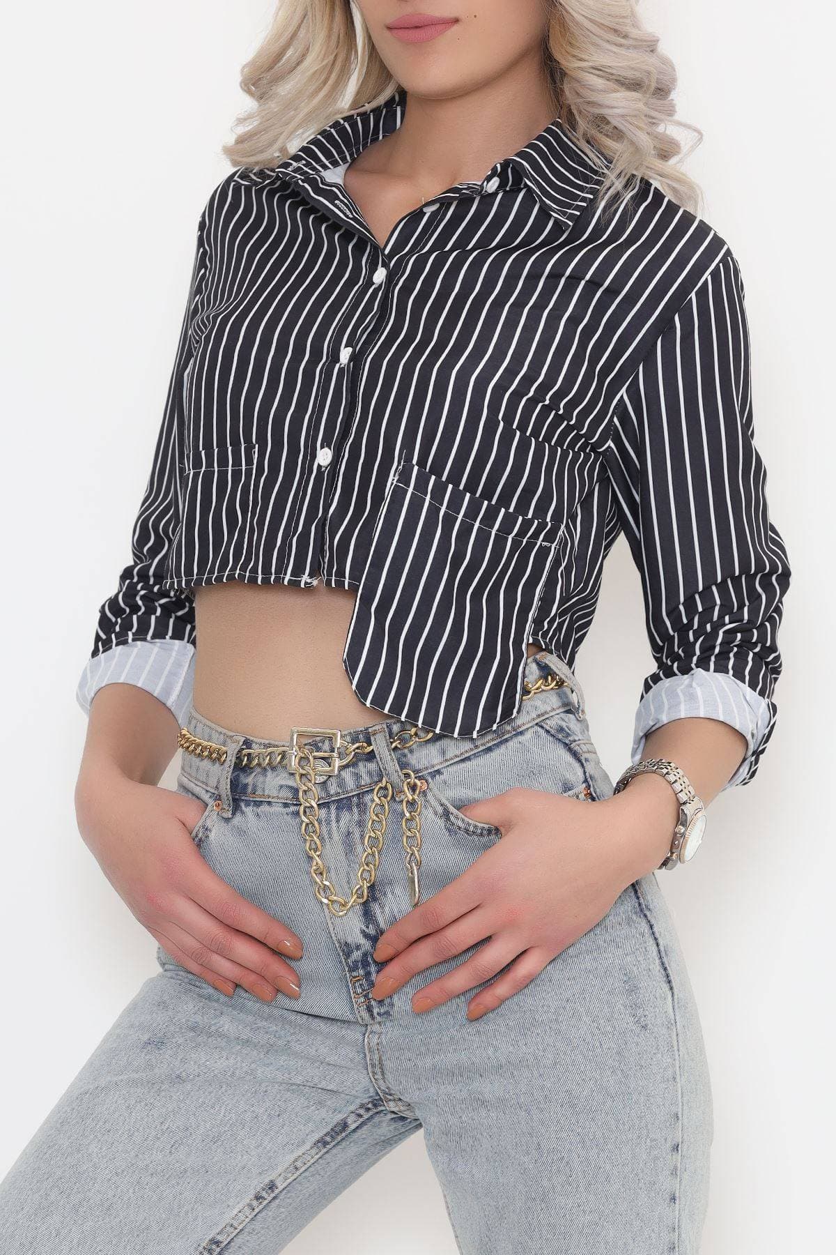 Çizgili Crop Gömlek Siyahbeyaz