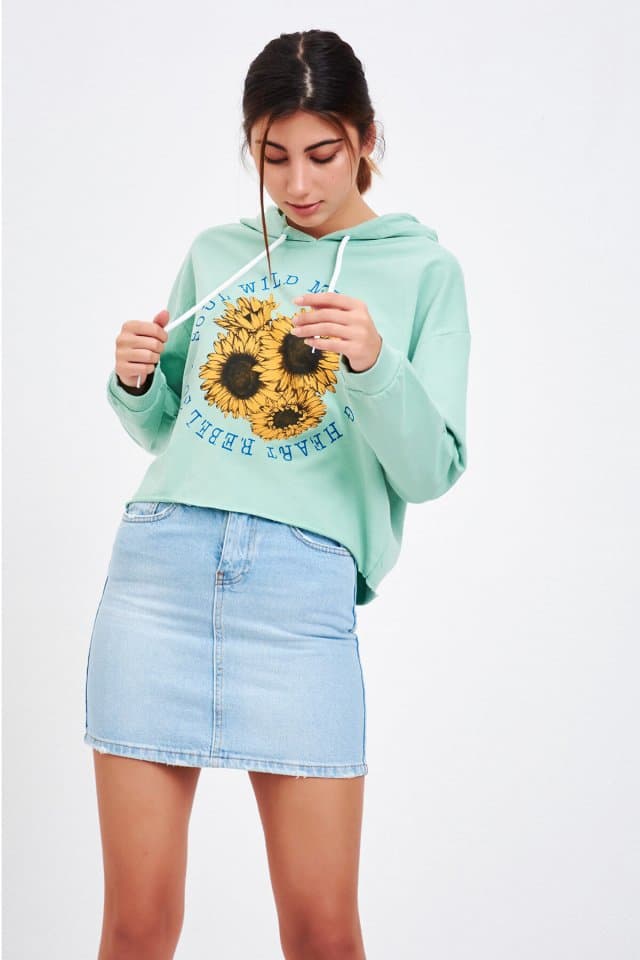 Baskılı Kısa Sweatshirt Mint