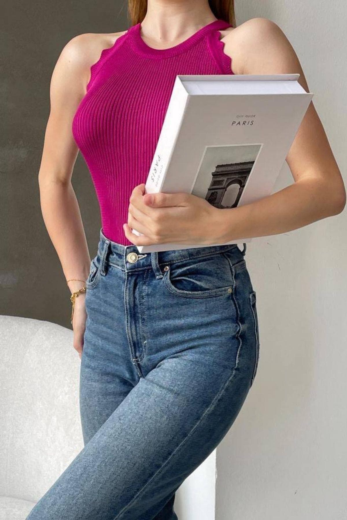 Halter Yaka Zikzak Detaylı Triko Bluz Mor