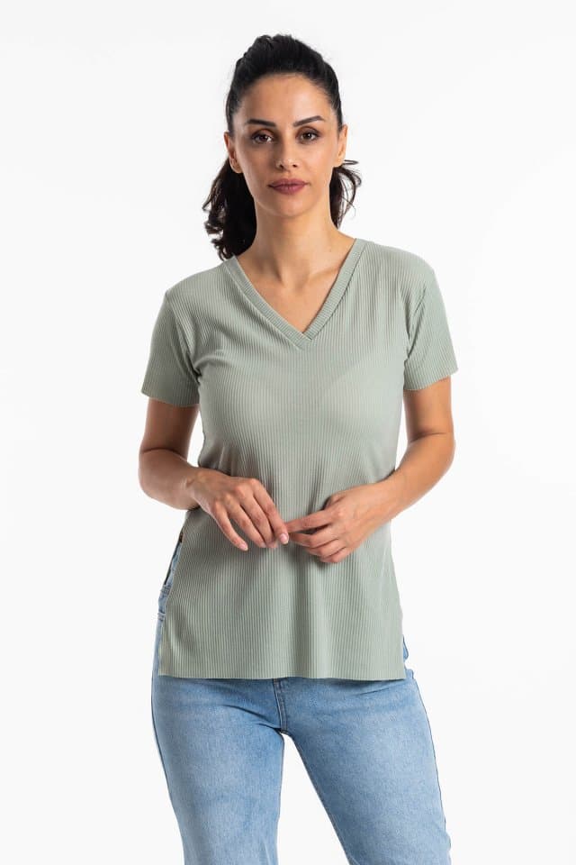 V Yaka Yırtmaçlı Kaşkorse T-Shirt Mint