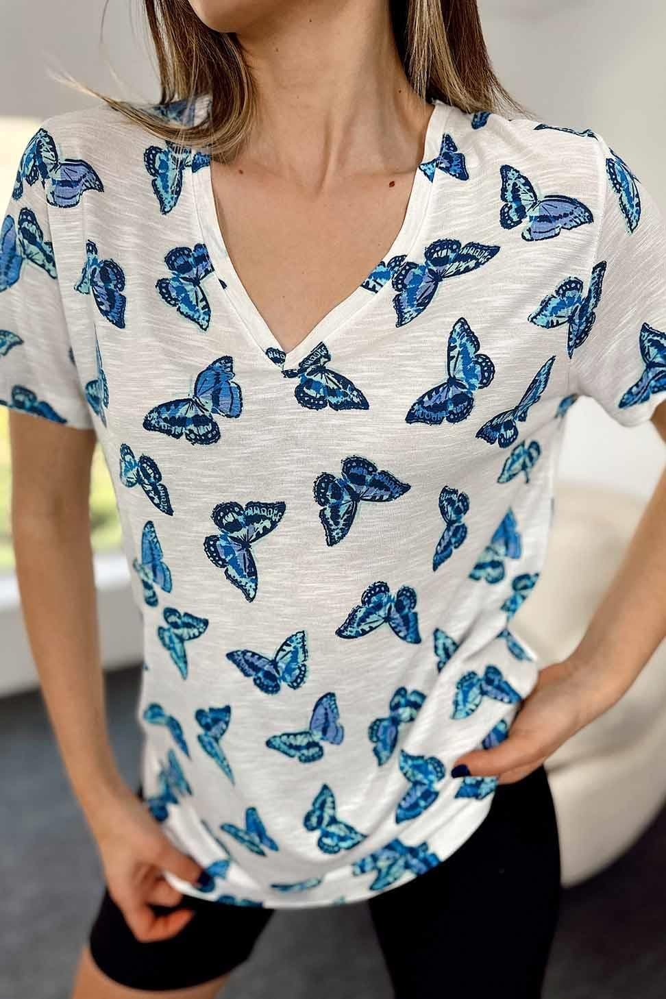 Kadın V Yaka Kelebek Baskılı Süprem Kumaş T-shirt