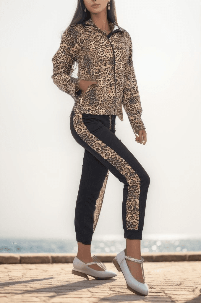 Leopar Fermuarlı Takım Siyah