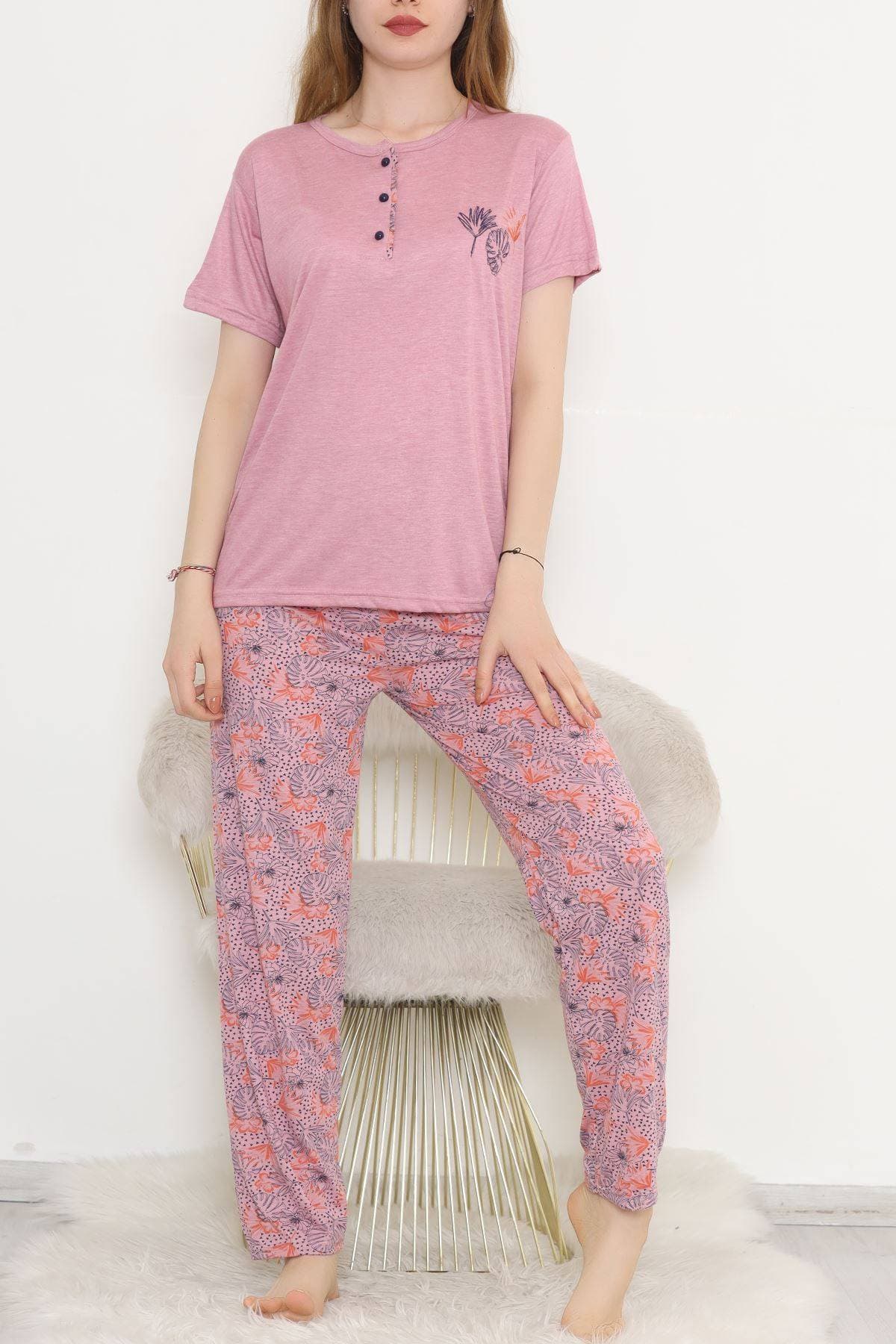 Desenli Pijama Takımı Gülkurusu