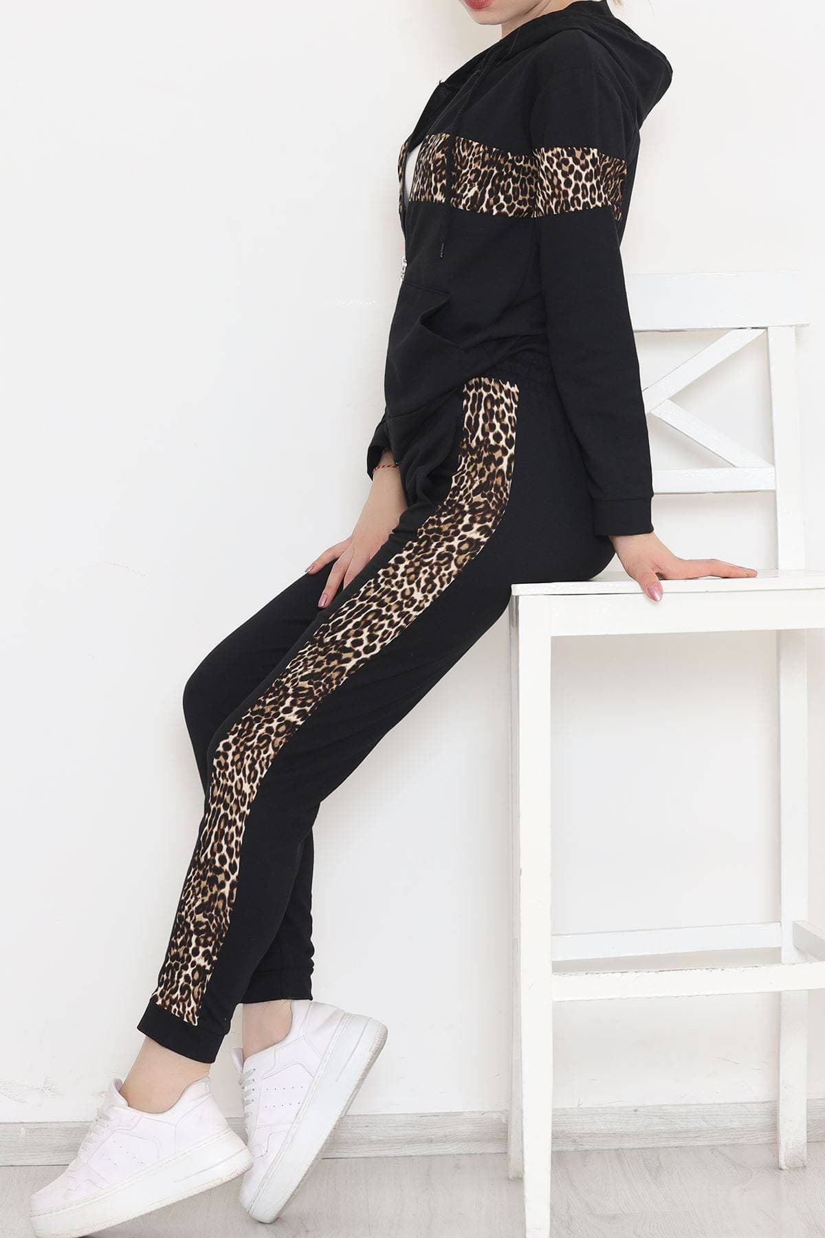 Leopar Şeritli Eşofman Takımı Siyah