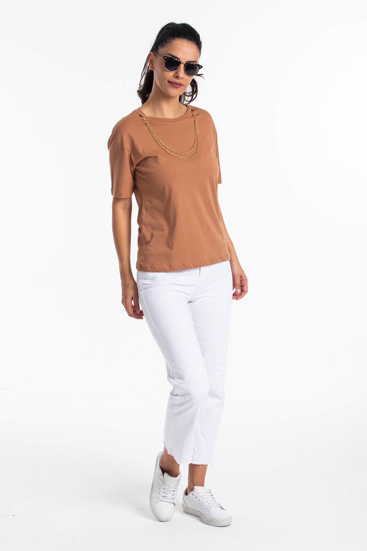 Kısa Kol Zincirli T-Shirt Vizon