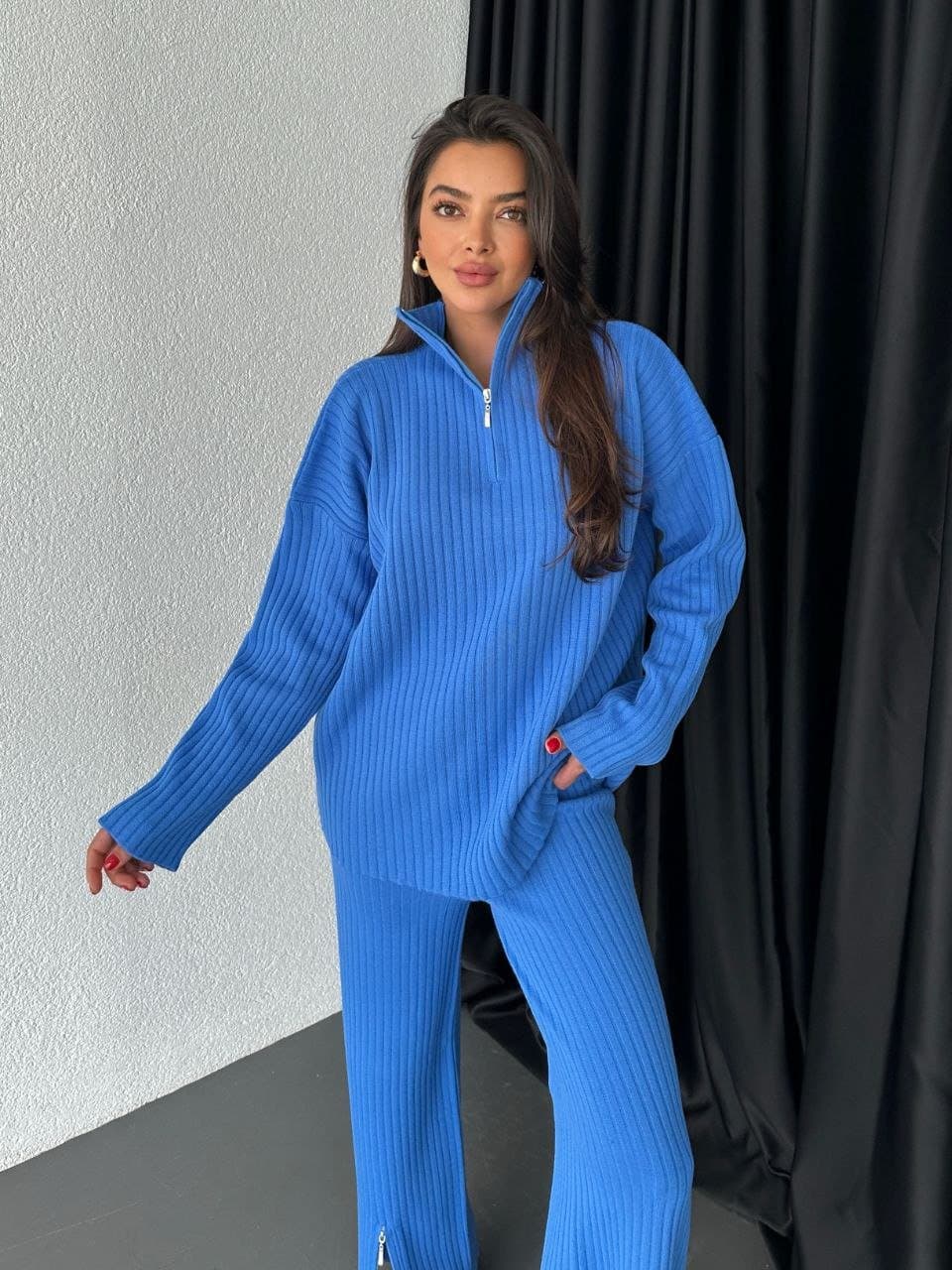 Kadın Uzun Kol üst Pijama Paçası Fermuar Detay Triko Kumaş Ikili Takım