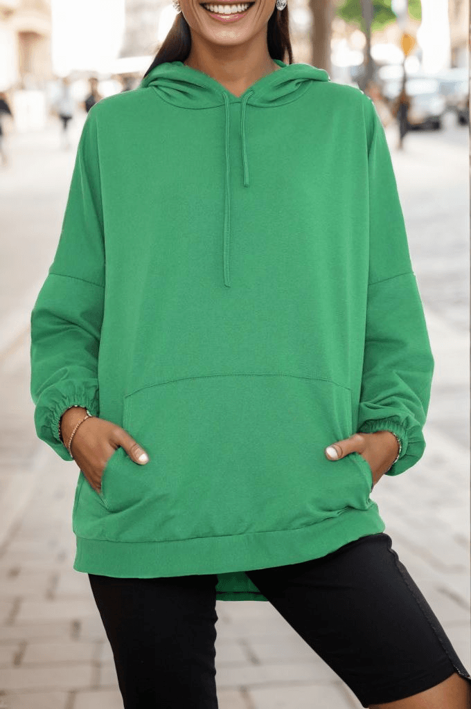 İplik Kapşonlu Sweat Yeşil