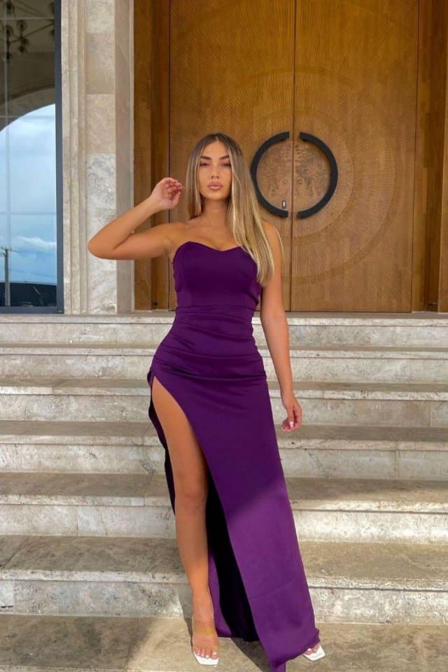Kalp Yaka Yırtmaçlı Uzun Abiye Mor