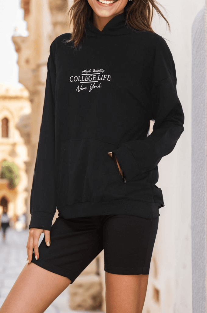 Kanguru Cep Baskılı Sweat Siyah
